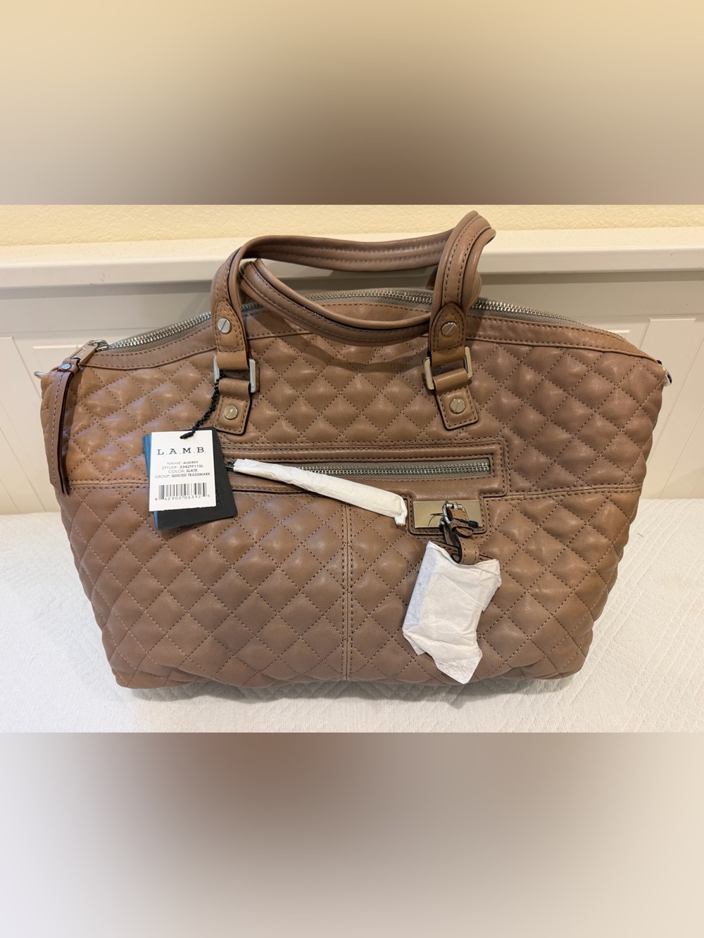 L.A.M.B. Quilted Taupe Leather Satchel with Top Handles